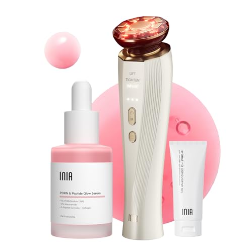 INIA Flare 3-in-1 Microcurrent Facial Device Red Light Therapy for Face and Neck Massager Tool with Heat & Vibration for Skincare Puffiness, Firming, Smoothing