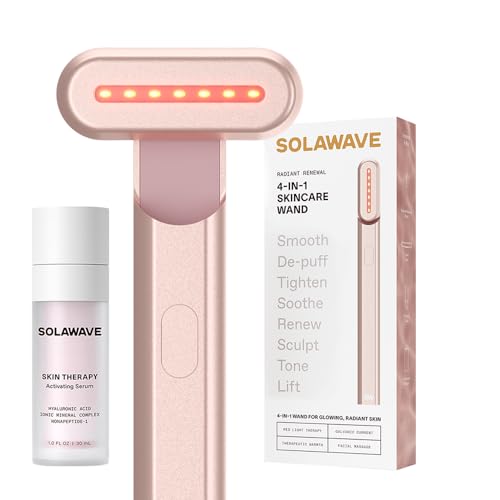 Solawave 4-in-1 Red Light Therapy Wand + Activating Serum | LED Skincare Device for Face & Neck | Facial Tool with Galvanic Current, Massage & Therapeutic Warmth | Reduces Appearan