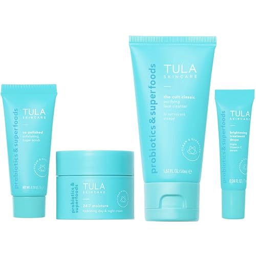 TULA On-The-Go Best Sellers Travel Skincare Kit, 4-Piece Discovery Set | Facial Cleanser, Day & Night Moisturizer, Sugar Scrub & Vitamin C Serum for balanced, glowing & radiant skin on the go.