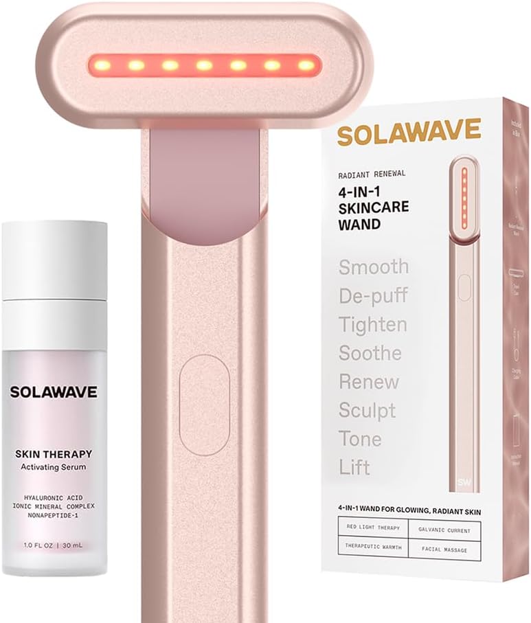 Solawave 4-in-1 Red Light Therapy Wand + Activating Serum | LED Skincare Device for Face & Neck | Facial Tool with Galvani...