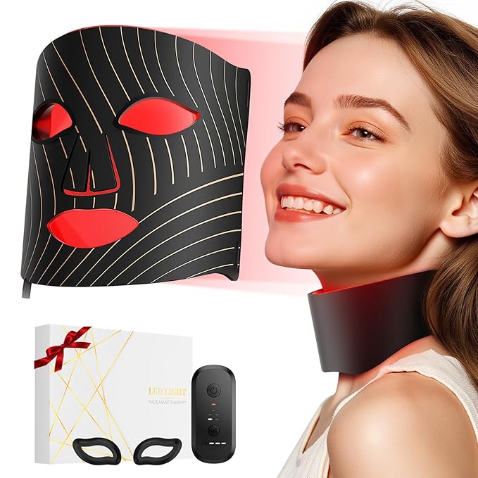 Red Light Therapy for Face,LED Face Mask Light Therapy with Neck Device,103 3-in-1 Light Beads,Remoter Rechargeable,Timing Function,Infrared Red Light Therapy Mask for Home