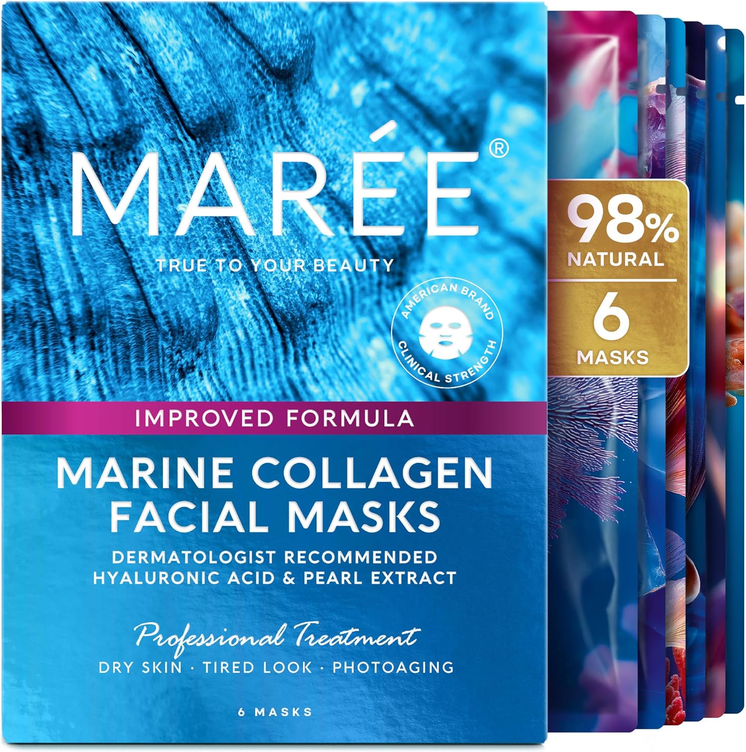MAREE Collagen Facial Mask with Hyaluronic Acid — Sheet Face Mask Skincare — Centella Asiatica, Green & Red Algae Extract...